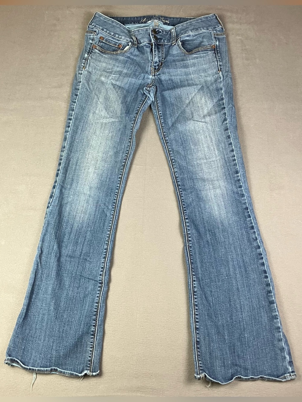 American Eagle Women’s Jeans Size 10 Long Artist Flare Low Rise Blue Distressed.